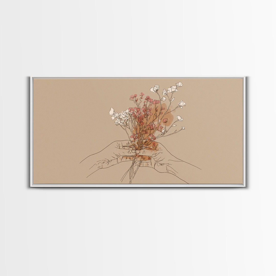 Hands Holding Wildflowers Wall Art, Minimal Line Art Canvas Print, Neutral Botanical Decor, Feminine Bedroom Gift For Her