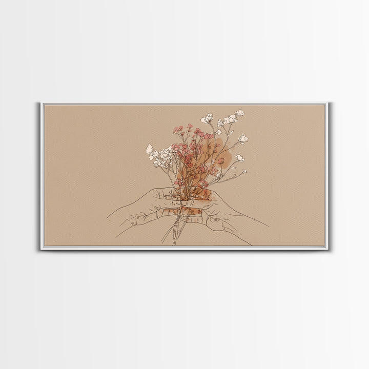 Hands Holding Wildflowers Wall Art, Minimal Line Art Canvas Print, Neutral Botanical Decor, Feminine Bedroom Gift For Her