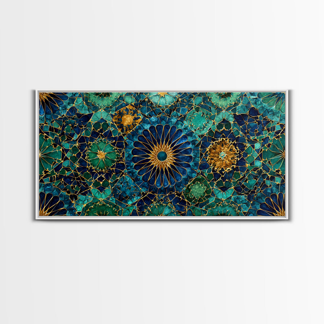 Teal Gold Floral Mosaic Canvas Print, Moroccan Wall Art, Geometric Pattern Decor, Mediterranean Tile Gift For Her, Luxury Home Decor