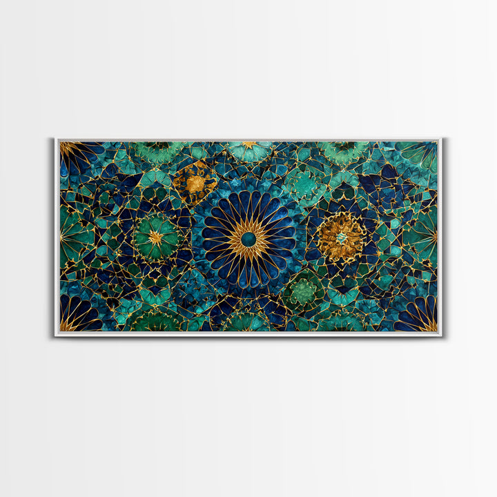 Teal Gold Floral Mosaic Canvas Print, Moroccan Wall Art, Geometric Pattern Decor, Mediterranean Tile Gift For Her, Luxury Home Decor