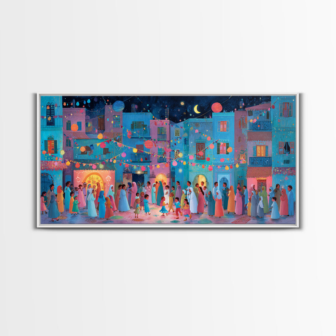 Colorful Moonlit Wedding Street Wall Art, Mediterranean Festival Canvas Print, Dopamine Decor, Joyful Village Poster Gift