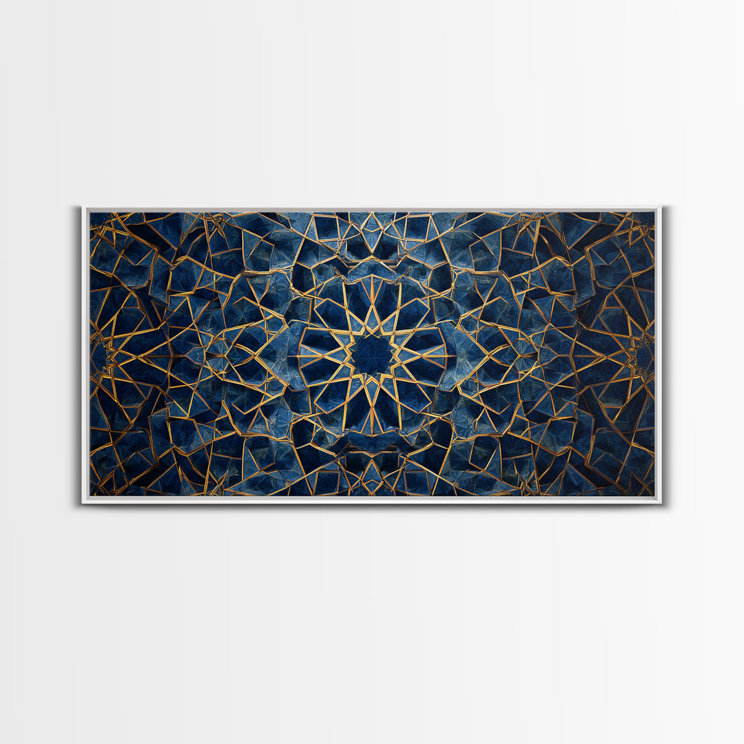 Blue Gold Islamic Geometric Wall Art, Sacred Pattern Canvas Print, Moroccan Tile Decor For Modern Living Room Home Decor Gift