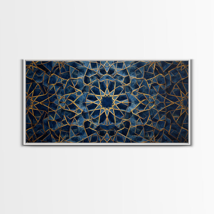 Blue Gold Islamic Geometric Wall Art, Sacred Pattern Canvas Print, Moroccan Tile Decor For Modern Living Room Home Decor Gift