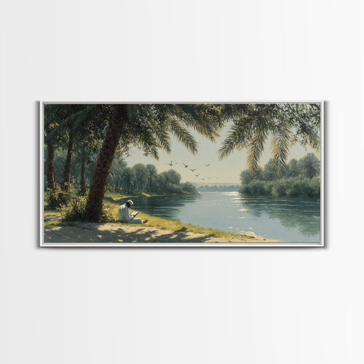 Palm Shaded River Reader Canvas Print, Serene Tropical Landscape Wall Art, Coastal Home Decor, Office Decor, Housewarming Gift For Her