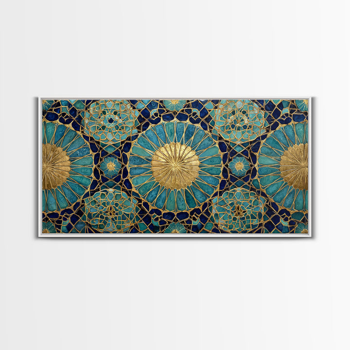 Teal And Gold Islamic Geometric Mosaic Wall Art, Moroccan Decor, Arabic Pattern Art, Spiritual Canvas Print, Luxury Home Decor