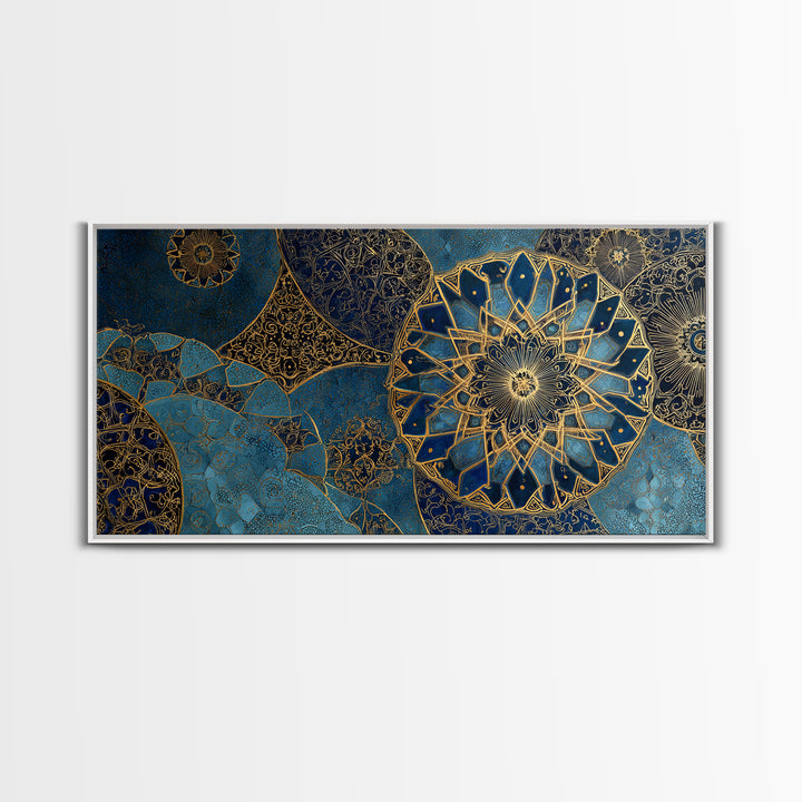 Blue Gold Islamic Mandala Wall Art, Moroccan Geometric Canvas Print, Arabic Home Decor, Large Living Room Wall Decor, Gift