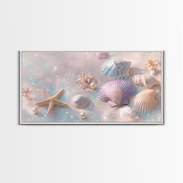 Pastel Seashells And Starfish Canvas Print, Coastal Beach Wall Art, Beach House Decor, Pastel Bathroom Decor, Ocean Nursery Gift For Her