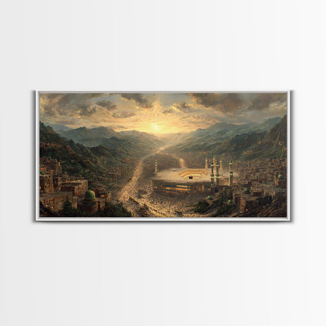 Mecca Sunset Valley And Holy Mosque Canvas Print, Islamic Wall Art, Panoramic Landscape Art For Prayer Room Decor Gift Idea