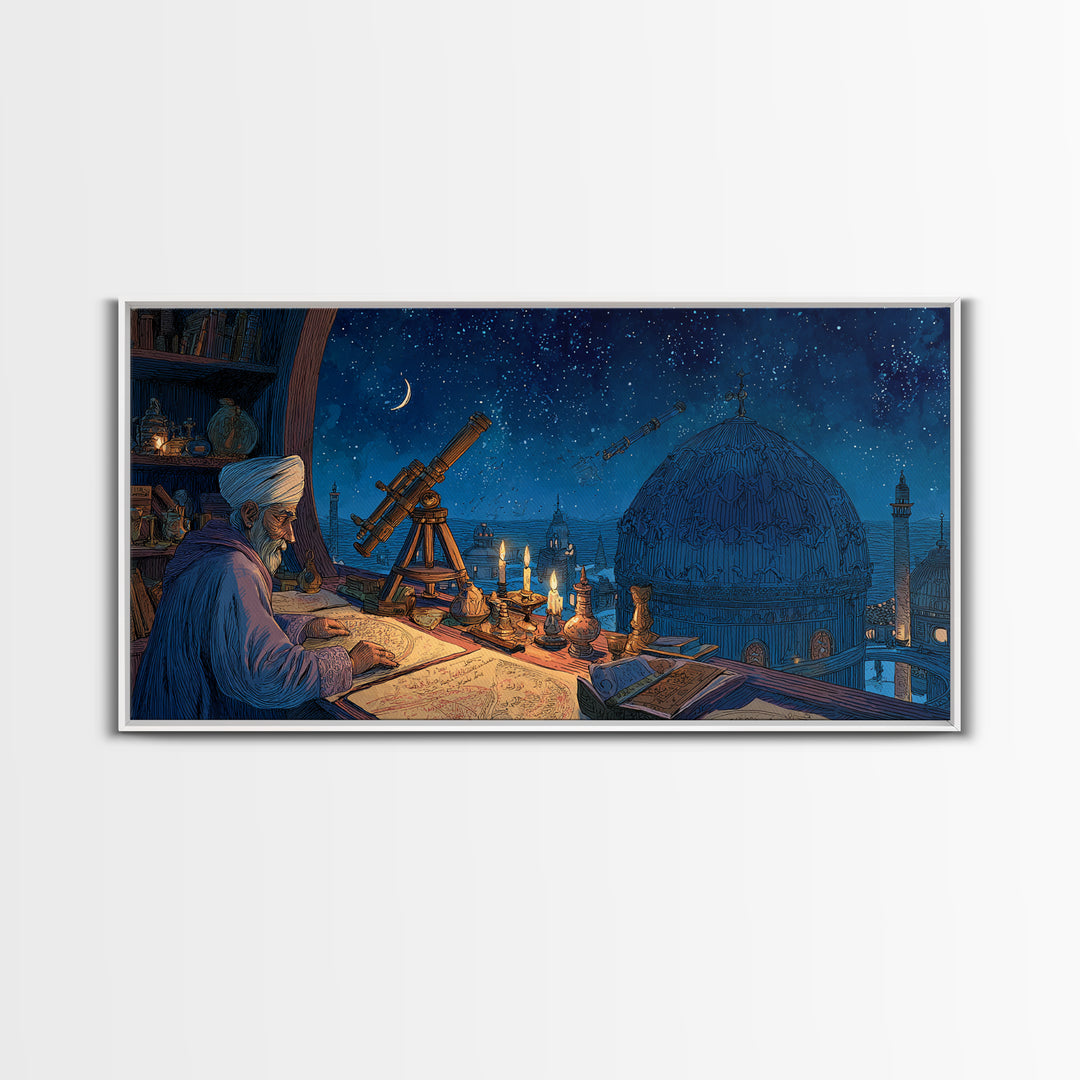 Starlit Astronomer Observatory Canvas Print, Islamic Architecture Wall Decor, Celestial Night Sky Art For Study Room And Office Decor
