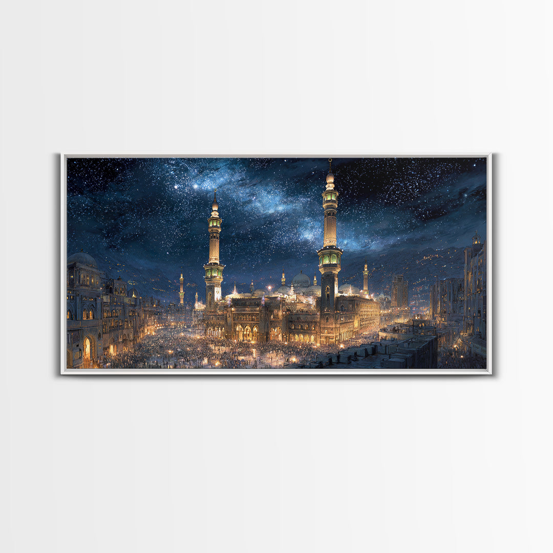 Starry Mecca Minarets At Night Wall Art, Islamic Framed Canvas Print, Celestial City Decor For Prayer Room And Living Room