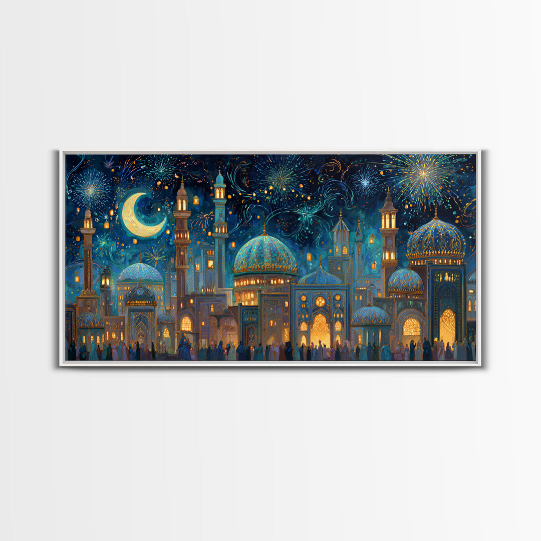 Festive Islamic City With Crescent Moon Framed Canvas Print, Ramadan Wall Art, Moroccan Decor, Eid Gift, Celestial Poster