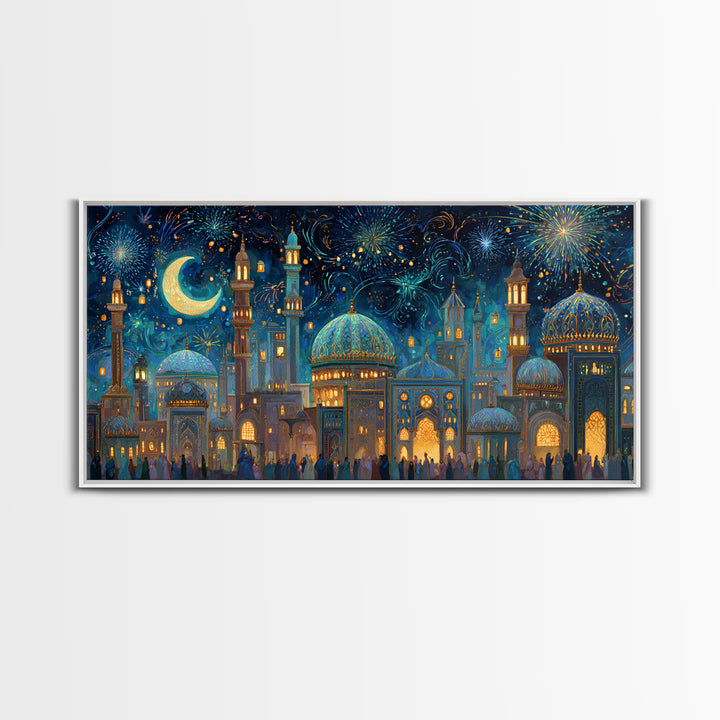 Festive Islamic City With Crescent Moon Framed Canvas Print, Ramadan Wall Art, Moroccan Decor, Eid Gift, Celestial Poster