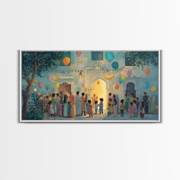 Ramadan Courtyard Celebration With Balloons Wall Art, Islamic Home Decor, Family Gathering Print, Eid Housewarming Gift Idea
