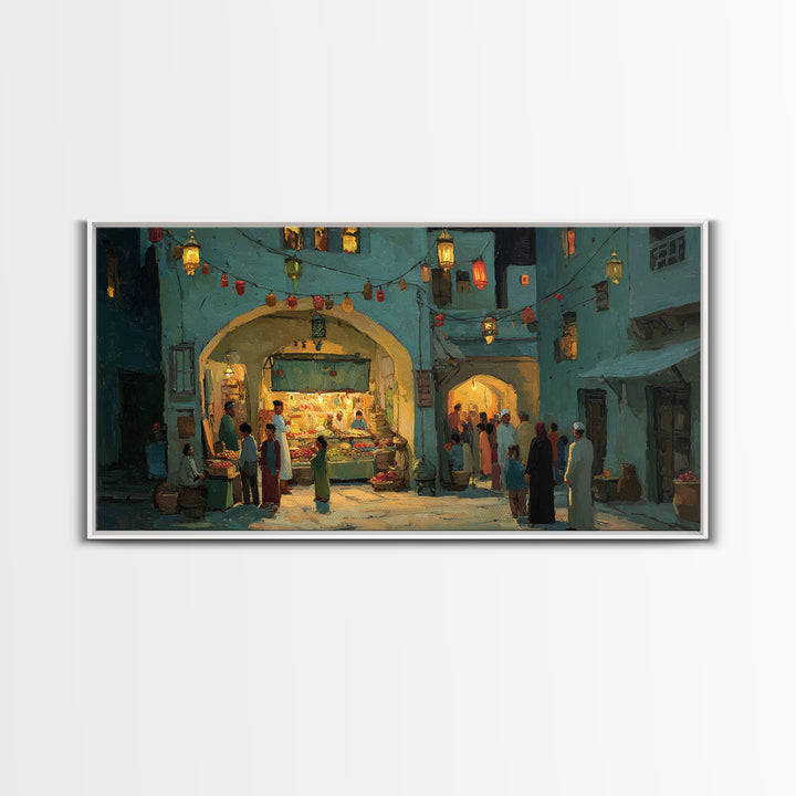 Middle Eastern Night Bazaar Wall Art, Glowing Shopfront Alley Scene, Moroccan Decor, Islamic Home Decor, Housewarming Gift