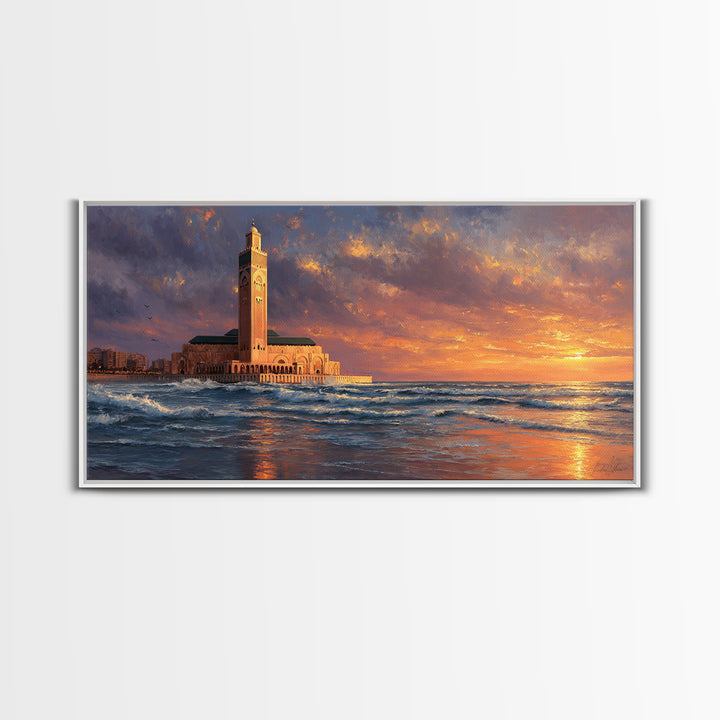 Casablanca Mosque Sunset Wall Art, Moroccan Coastal Seascape Canvas Print, Islamic Architecture, Ocean Decor For Living Room