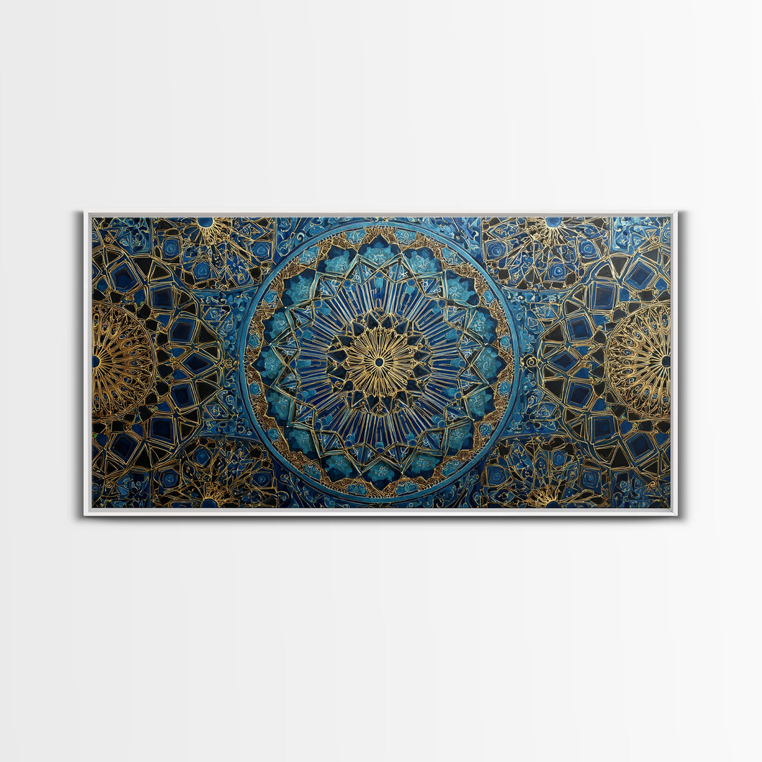 Blue Gold Islamic Geometric Wall Art, Moroccan Mosaic Canvas Print, Sacred Geometry Decor, Luxury Prayer Room Wall Decor