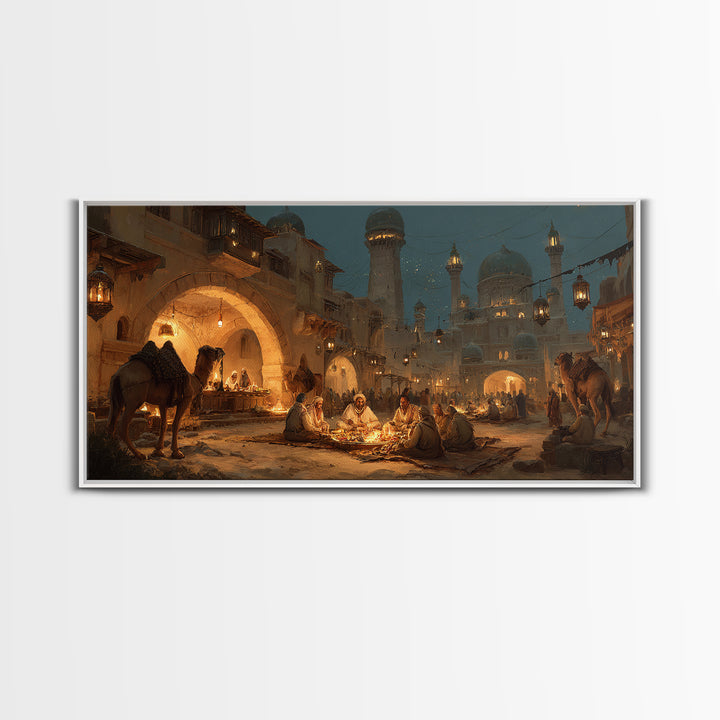 Arabian Night Market With Camels Wall Art, Middle Eastern Cityscape Canvas Print, Warm Lantern Decor, Travel Gift For Living Room