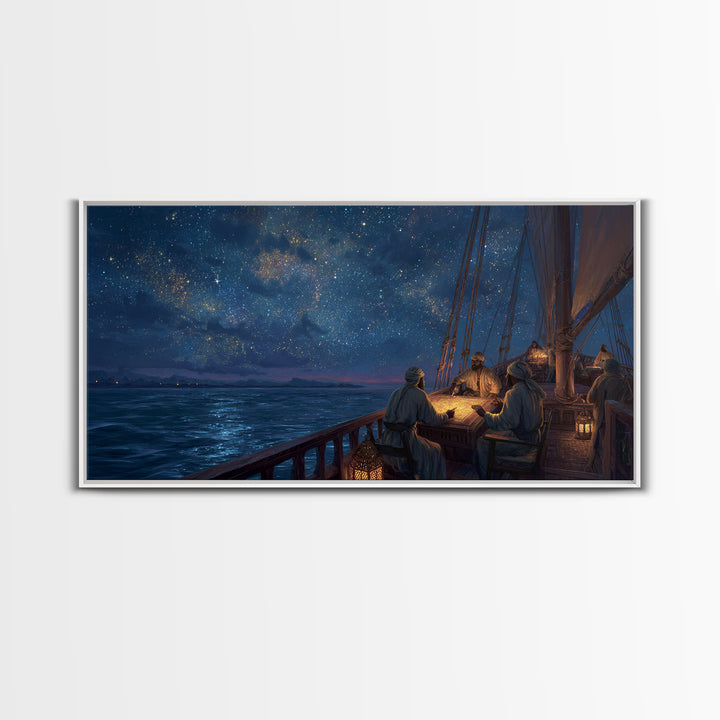Starlit Sailing Ship Canvas Print, Nautical Night Sky Seascape, Celestial Ocean Decor, Maritime Travel Art, Gift For Him