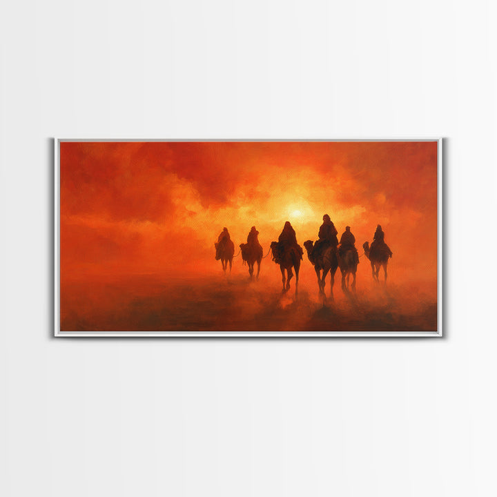 Desert Riders At Blazing Sunset Framed Canvas Print, Western Wall Art, Cowboy Landscape For Rustic Southwestern Home Decor Gift