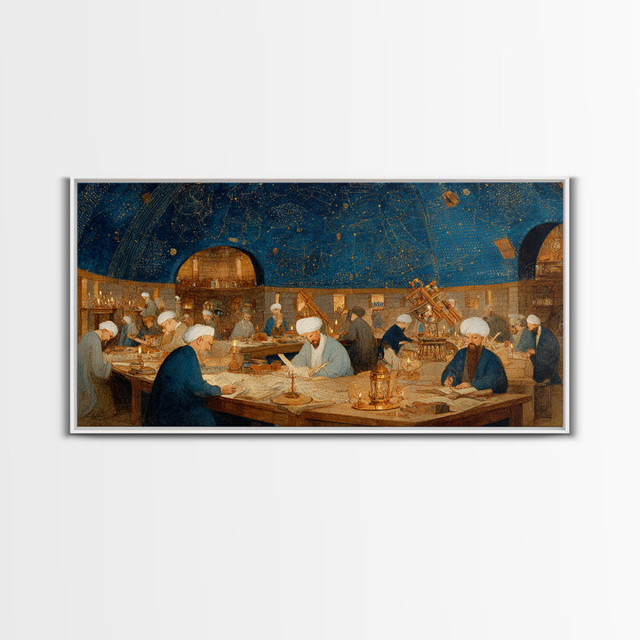 Starlit Islamic Observatory Wall Art, Scholars And Astrolabe Canvas, Arabic Astronomy Decor, Dark Academia Art Print Gift