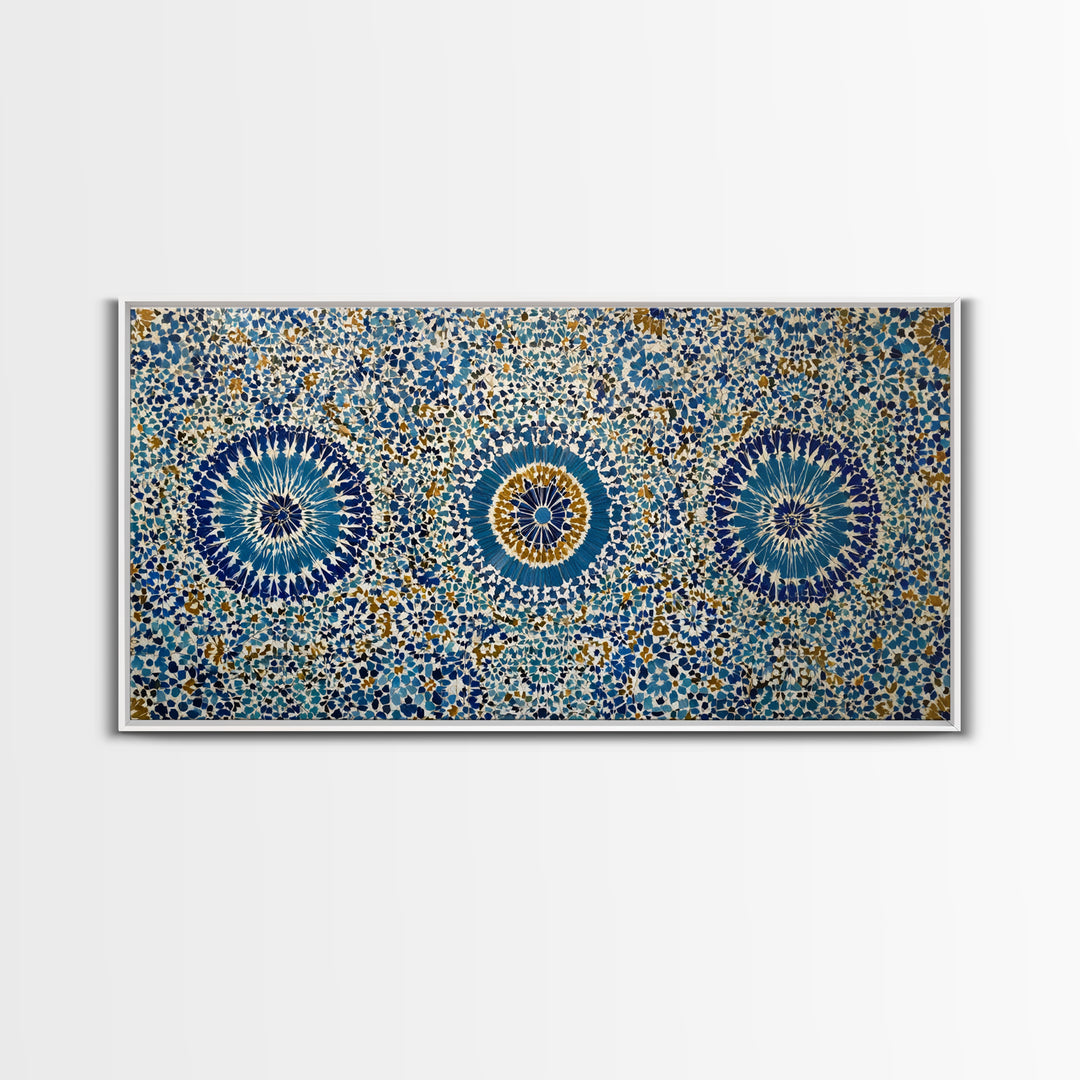 Blue Moroccan Geometric Mosaic Wall Art, Islamic Tile Pattern Canvas Print, Mediterranean Decor, Boho Home Accent Gift Idea