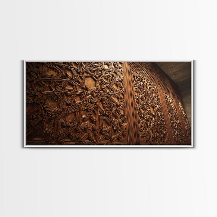 Ornate Islamic Geometric Wood Panel Framed Canvas Print, Moroccan Wall Art, Arabesque Pattern, Warm Rustic Home Decor Gift