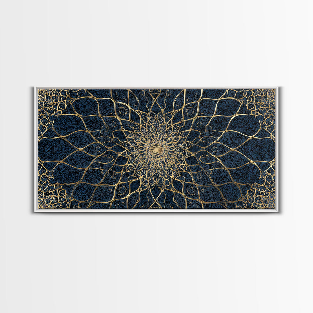 Navy Gold Sacred Geometry Mandala Wall Art, Mystical Spiritual Canvas Wall Art For Meditation Room Decor And Modern Home Decor