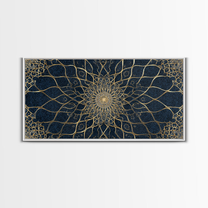 Navy Gold Sacred Geometry Mandala Wall Art, Mystical Spiritual Canvas Wall Art For Meditation Room Decor And Modern Home Decor