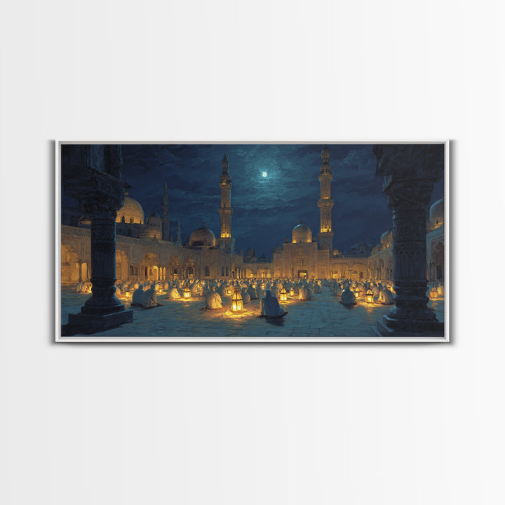 Moonlit Mosque Courtyard With Lanterns Canvas Print, Islamic Wall Art, Prayer Room Decor And Ramadan Gift Idea For Serene Home Decor