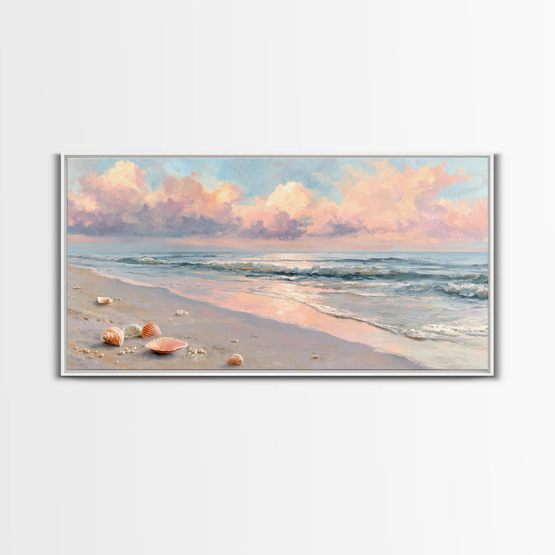 Pastel Ocean Beach Seascape Canvas Print, Coastal Wall Art, Shells And Waves Decor, Beach House Living Room Wall Decor, Gift For Her