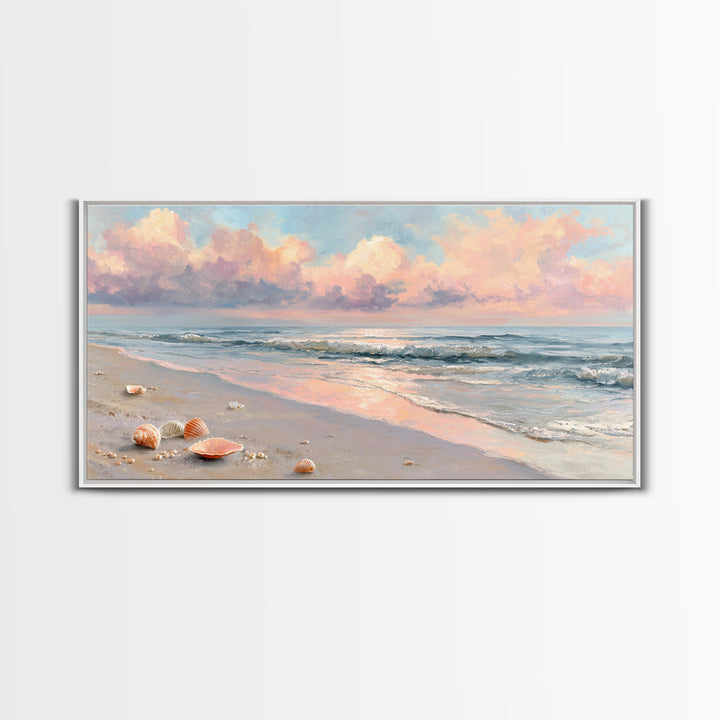 Pastel Ocean Beach Seascape Canvas Print, Coastal Wall Art, Shells And Waves Decor, Beach House Living Room Wall Decor, Gift For Her