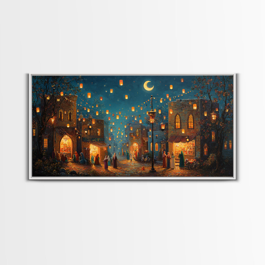 Lantern Lit Old City Bazaar Canvas Print, Crescent Moon Islamic Wall Art, Moroccan Night Market Decor And Ramadan Gift For Home Decor