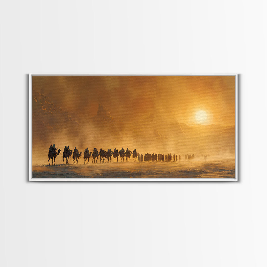 Desert Caravan At Golden Sunset Canvas Print, Western Wall Art, Southwestern Decor, Travel Poster, Warm Earth Tone Decor