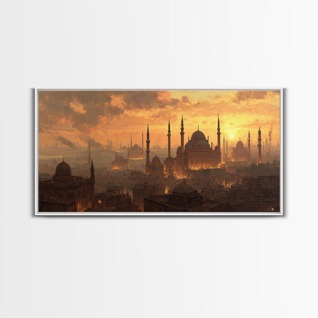 Golden Istanbul Mosque Skyline Wall Art, Islamic Architecture Canvas Print, Sunset Cityscape, Travel Inspired Living Room Decor