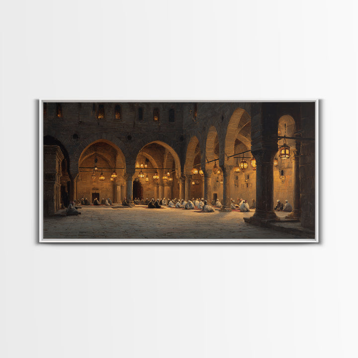 Candlelit Stone Arcade Prayer Scene Wall Art, Islamic Architecture Print, Moody Historic Decor, Large Framed Canvas, Living Room Decor