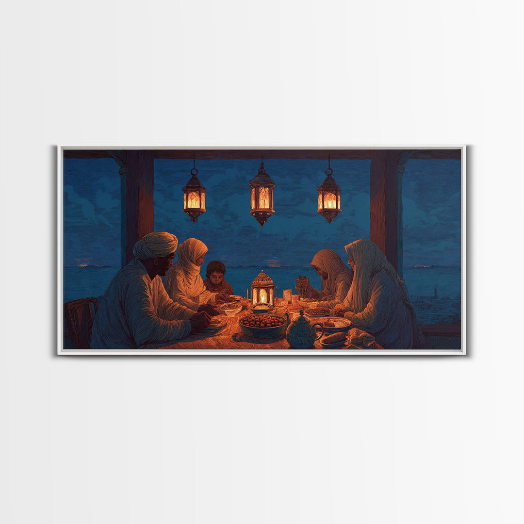 Ramadan Family Iftar By Lantern Light Wall Art, Islamic Canvas Print, Warm Spiritual Decor For Dining Room And Home, Prayer Room