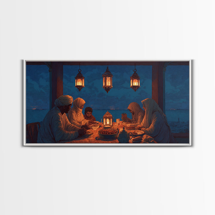 Ramadan Family Iftar By Lantern Light Wall Art, Islamic Canvas Print, Warm Spiritual Decor For Dining Room And Home, Prayer Room