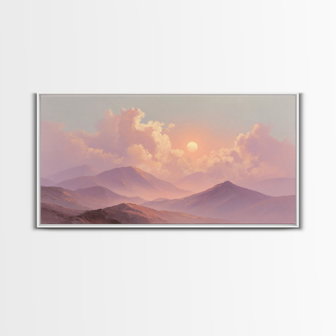 Misty Pink Mountain Sunset Wall Art, Pastel Landscape Canvas Print, Serene Nature Decor, Bedroom Above Bed Calming Wall Art