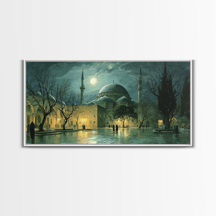 Moonlit Ottoman Mosque Wall Art, Islamic Architecture Canvas Print, Istanbul Landscape, Ramadan Decor, Elegant Home Decor