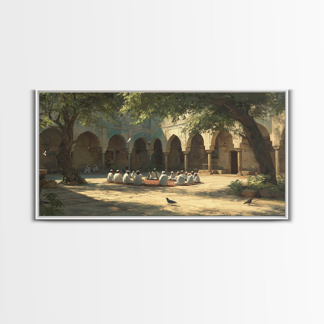 Sunlit Madrasa Courtyard Wall Art, Islamic Architecture Canvas Print, Peaceful Meditation Room Decor, Serene Travel Poster