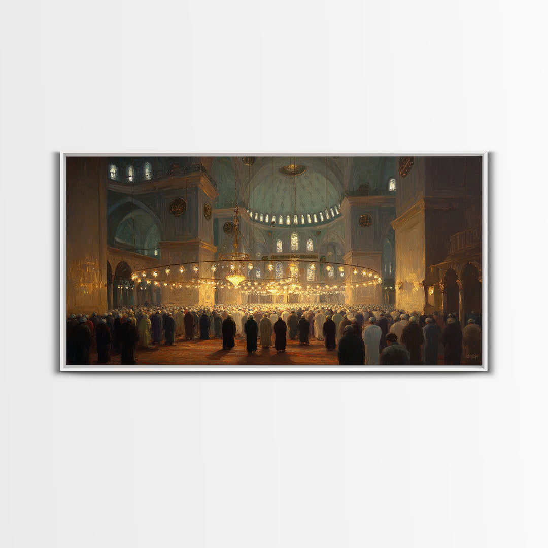 Golden Mosque Prayer Hall Interior Wall Art, Islamic Architecture Framed Canvas Print, Spiritual Decor, Eid Gift For Home
