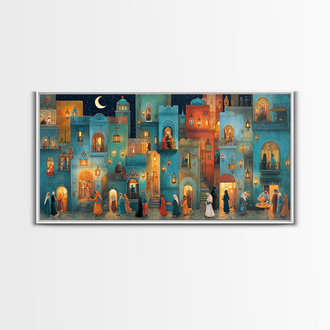 Moonlit Middle Eastern City Wall Art, Ramadan Night Canvas Print, Moroccan Decor, Islamic Home Decor, Housewarming New Home Gift