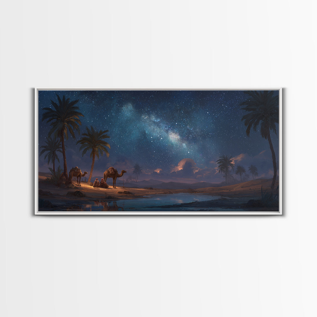 Starry Desert Oasis With Camels Wall Art, Celestial Landscape Canvas Print, Boho Travel Decor, Night Sky Gift For Him, Large Wall Decor