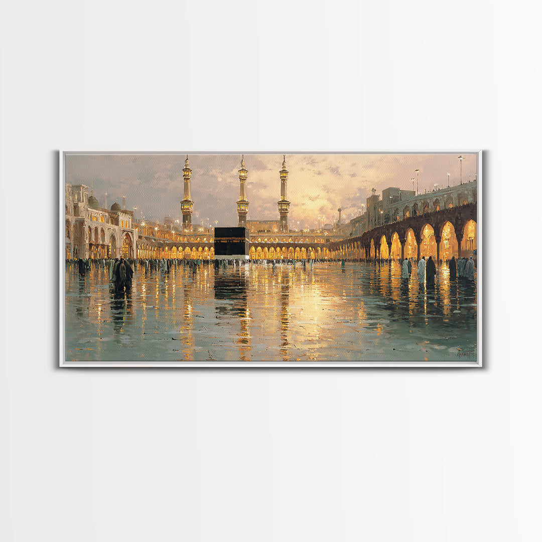 Kaaba Reflection At Masjid Al Haram Framed Canvas Print, Islamic Wall Art, Mecca Mosque Decor, Ramadan Eid Gift For Home