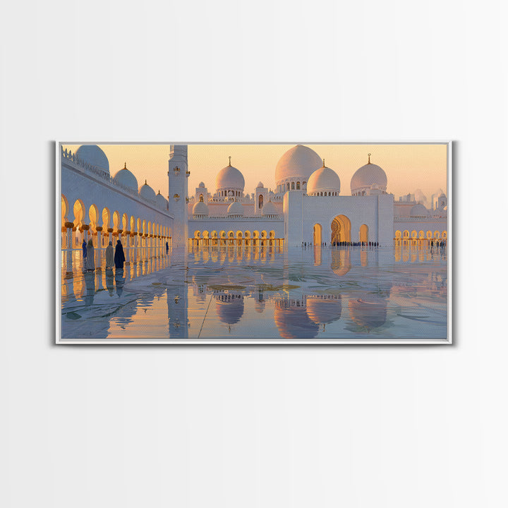 Golden Mosque Reflections Wall Art, Islamic Framed Canvas Print, Serene Architecture Decor For Prayer Room And Home, Office Decor