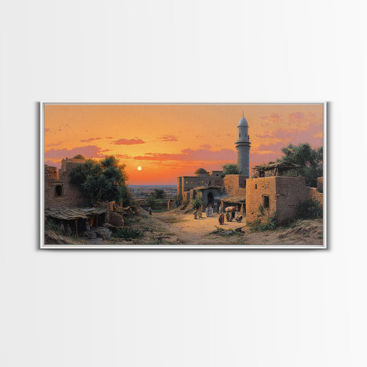 Sunset Village With Stone Mosque Wall Art, Middle Eastern Travel Poster, Islamic Home Decor, Warm Landscape Print, Gift Idea