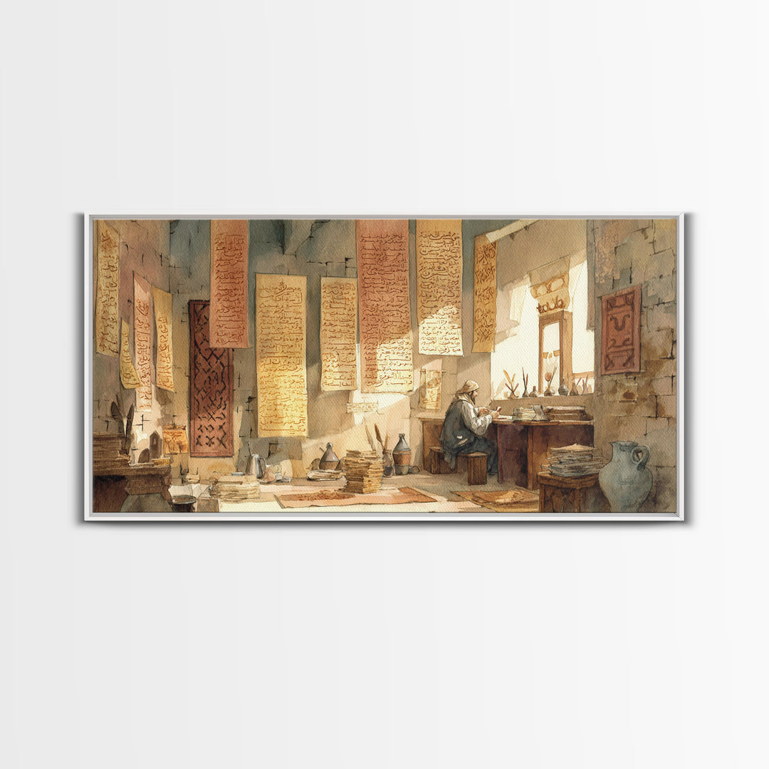 Sunlit Scribe Study Wall Art, Ancient Manuscripts Canvas, Scholarly Library Decor, Historical Calligraphy Art Print Gift