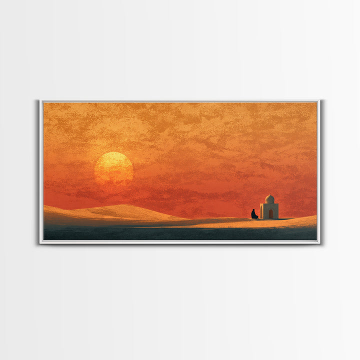 Desert Mosque At Orange Sunset Canvas Print, Islamic Wall Art, Moroccan Decor, Spiritual Art, Minimalist Home Decor Gift