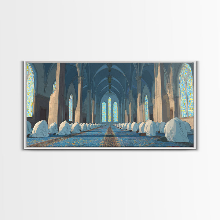 Praying Worshippers In Blue Mosque Framed Canvas Print, Islamic Wall Art, Spiritual Home Decor, Ramadan Housewarming Gift