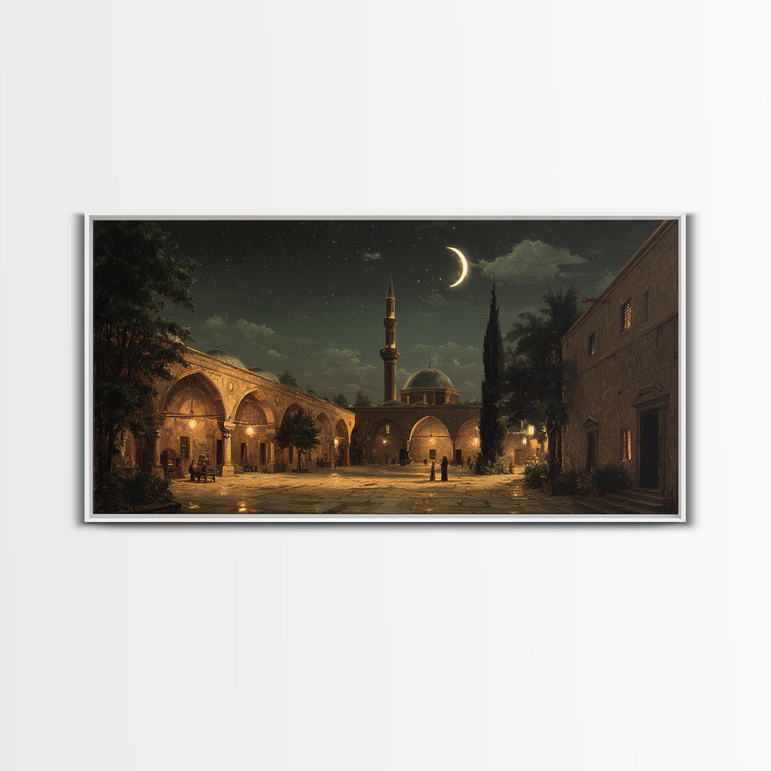 Crescent Moon Mosque Courtyard Wall Art, Islamic Framed Canvas Print, Celestial Night Decor For Prayer Room And Living Room